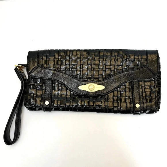 Elliott Lucca Woven Black Patent Leather Zip Top Foldover Large Clutch Wristlet - Picture 1 of 11